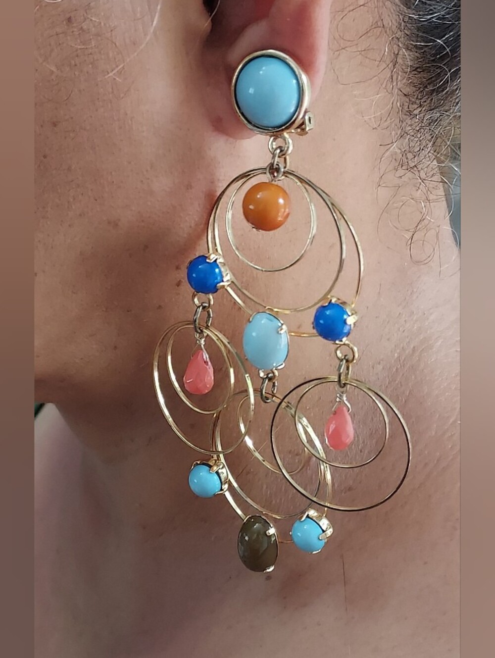 Vtg Gold Multi Hoop Chandelier Clip On Earrings Boho Colorful Cabochon Drop